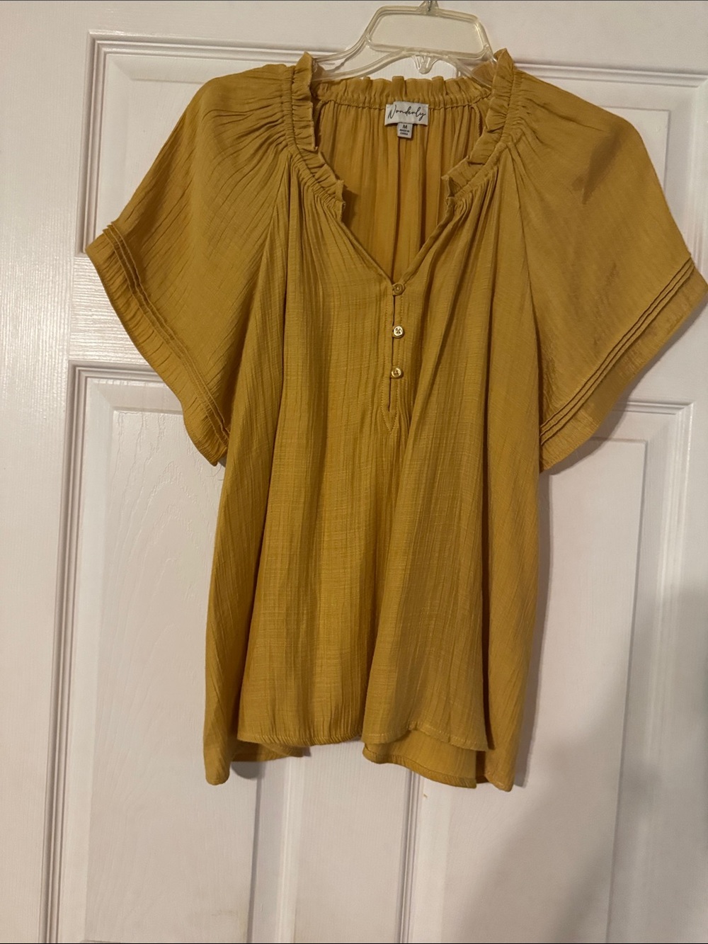 Mustard Ruffle Neck Short Sleeve Blouse
